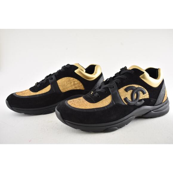 Chanel 19A Mens Black Gold Croc Suede CC Logo Low Top Trainer Sneaker 44 11 - Picture 12 of 14